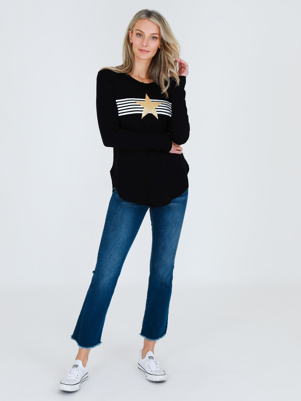 Gold Star with Stripes  L/S Tee Black