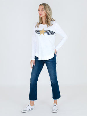 Gold Star with Stripes  L/S Tee White