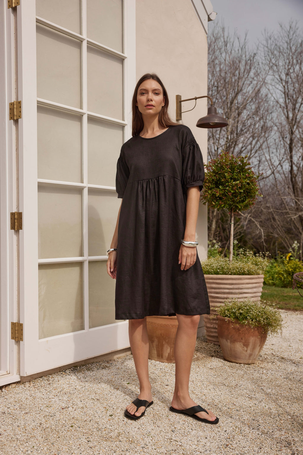 Bishop Sleeve Shirring Linen Dress Black