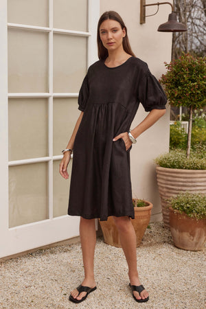 Bishop Sleeve Shirring Dress Black