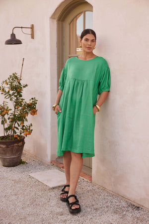 Bishop Sleeve Shirring Dress Green