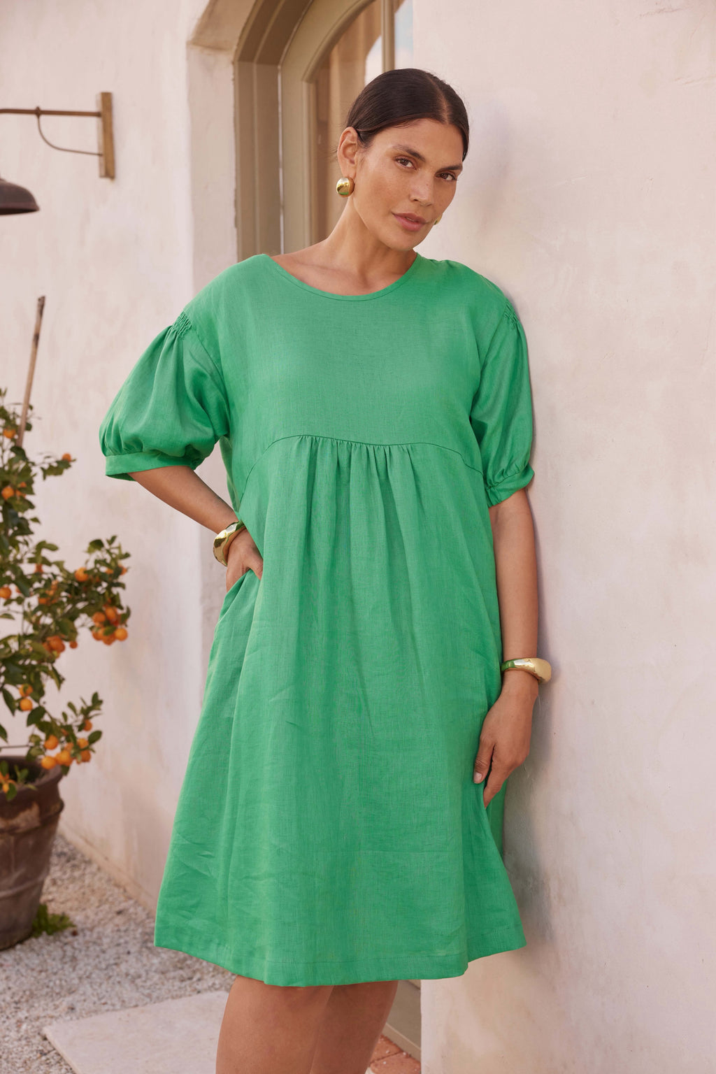 Bishop Sleeve Shirring Linen Dress Green