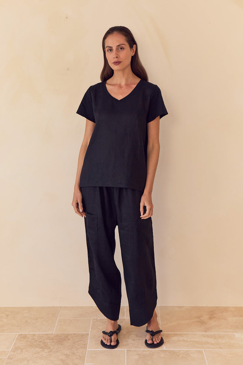 Cotton Contrast Trim Linen Top Black