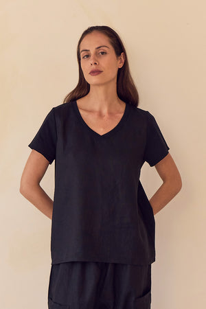 Cotton Contrast Trim Linen Top Black
