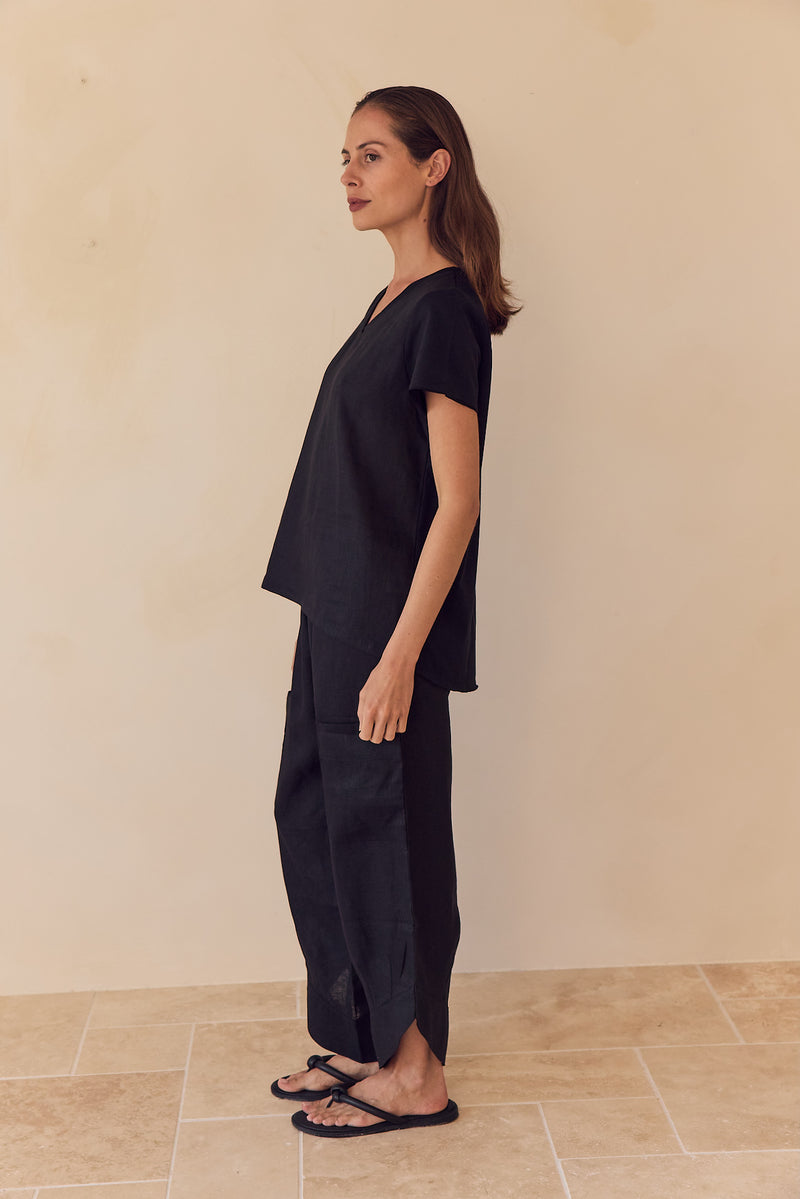 Cotton Contrast Trim Linen Top Black