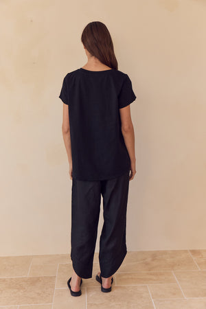 Cotton Contrast Trim Linen Top Black