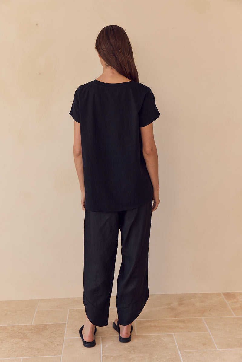 Cotton Contrast Trim Linen Top Black