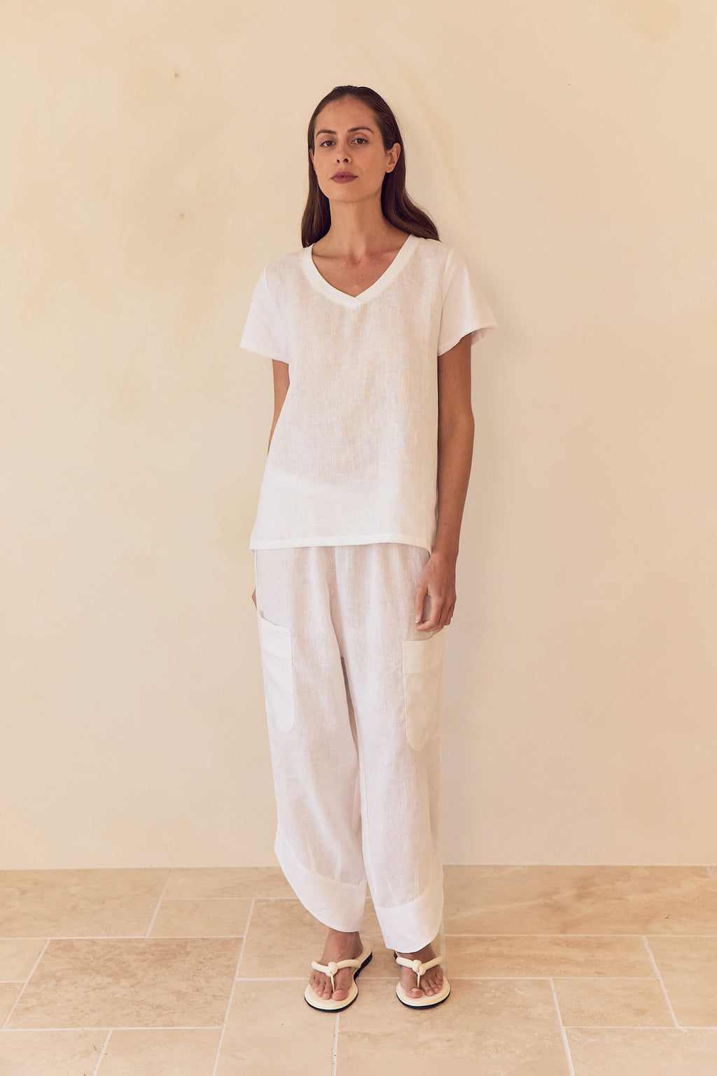 Cotton Contrast Trim Linen Top White