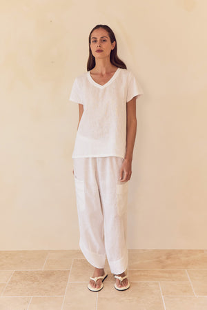 Cotton Contrast Trim Linen Top White