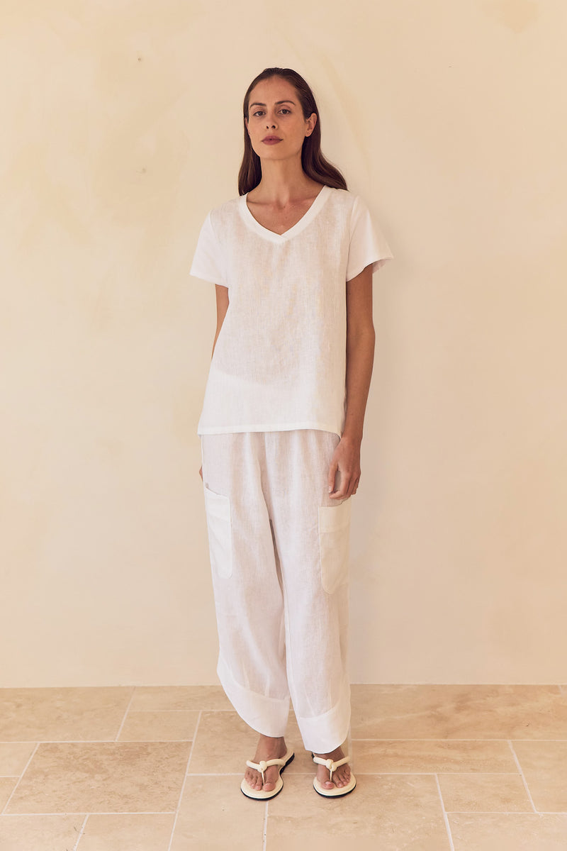 Cotton Contrast Trim Linen Top White