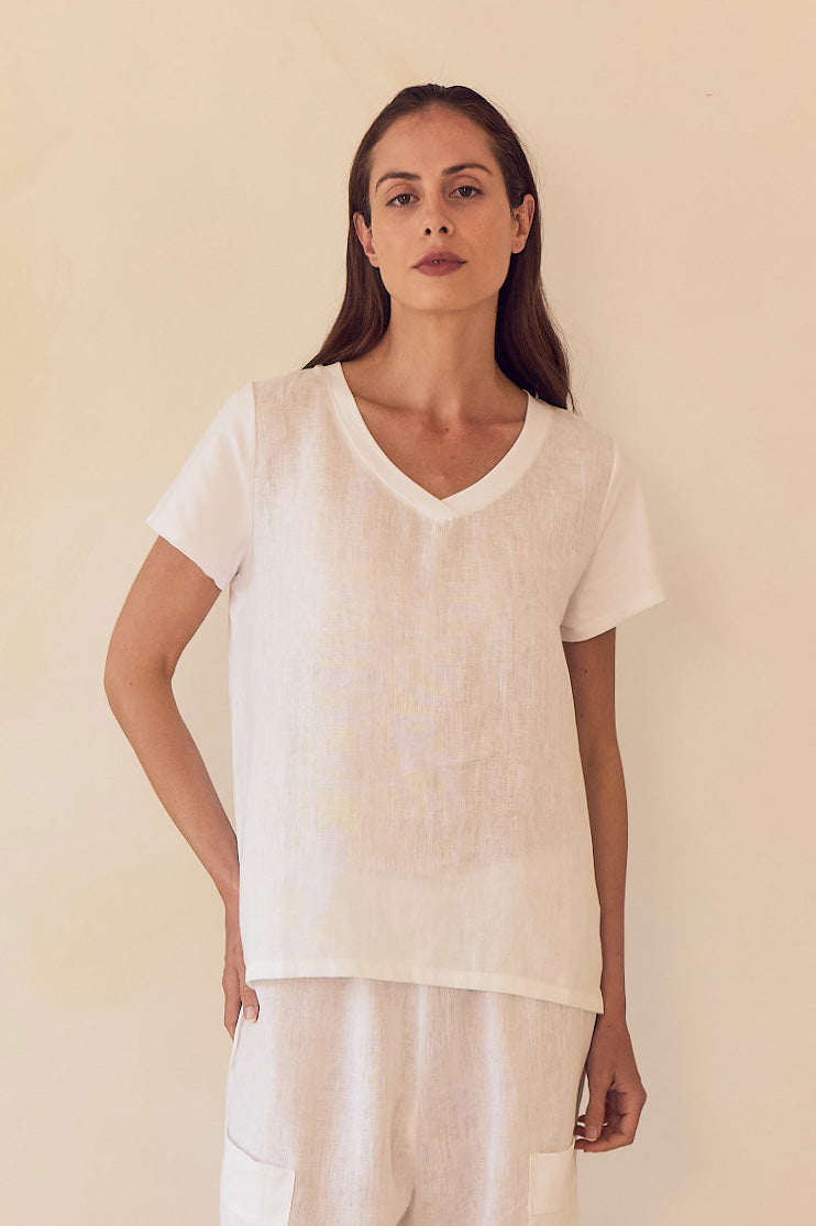 Cotton Contrast Trim Linen Top White
