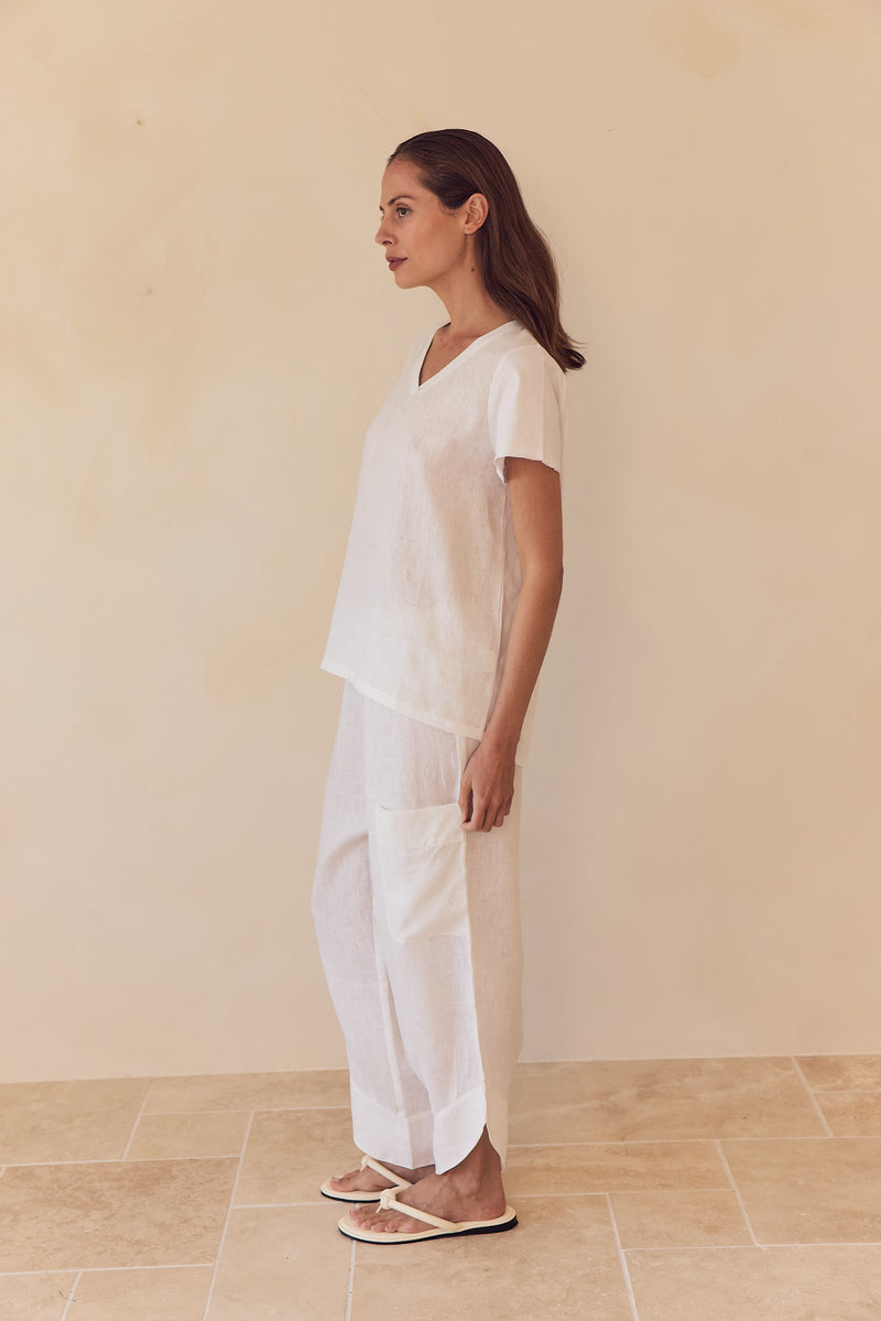 Cotton Contrast Trim Linen Top White
