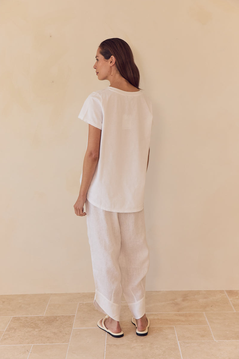 Cotton Contrast Trim Linen Top White