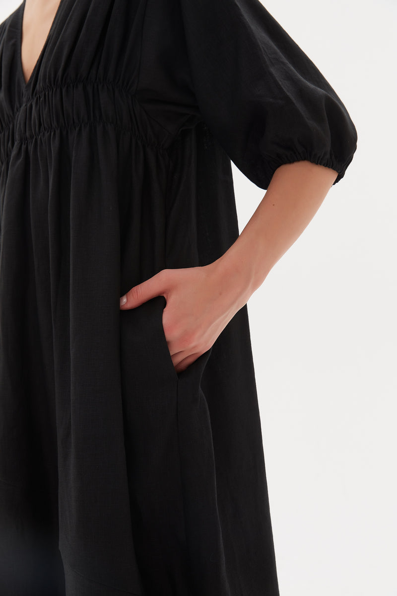 Puff Sleeve Gathered Front Linen Dress Black