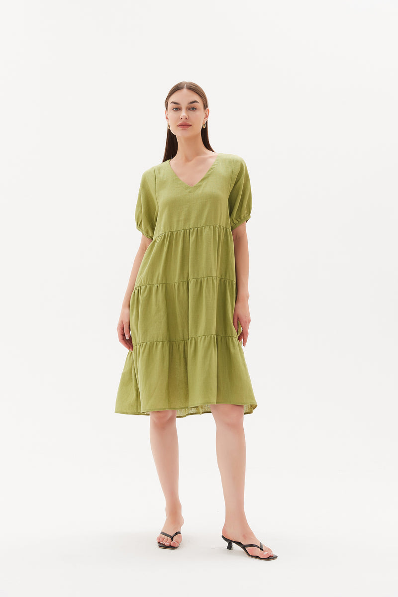 Tiered Linen Dress Meadow Green
