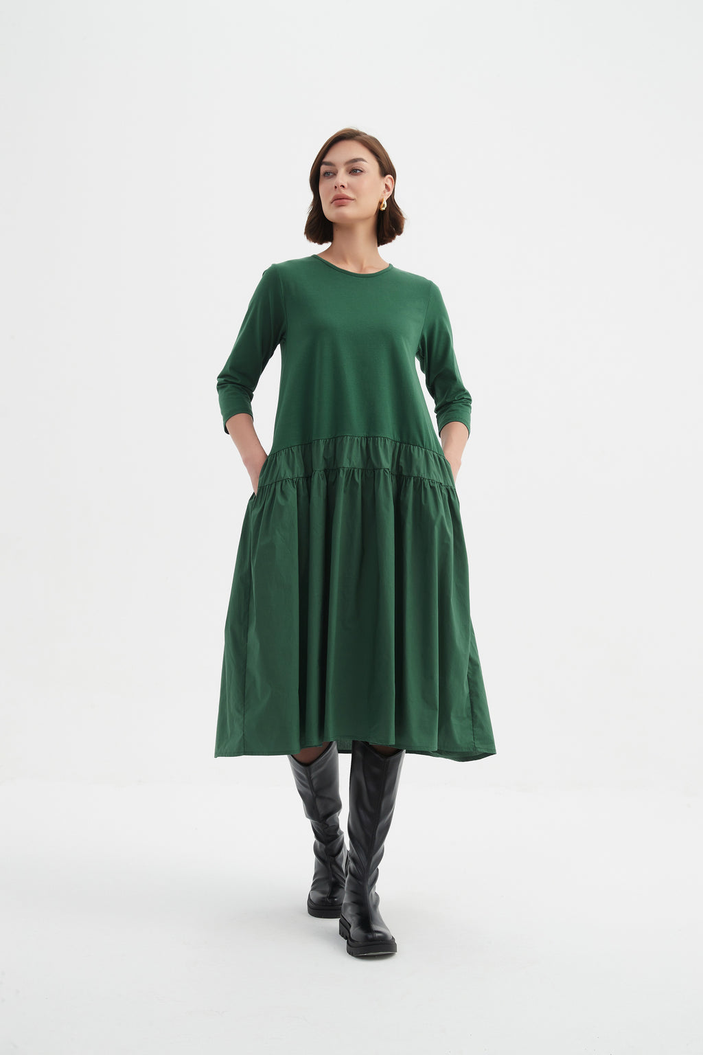 Drop Waist Combi Dress Hunter Green