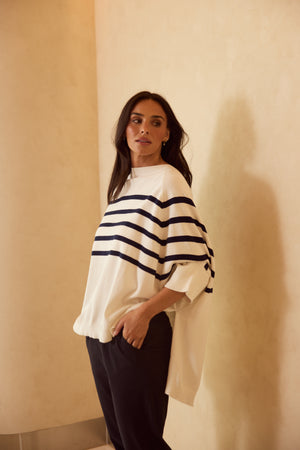 Carson Poncho White w Navy Stripe
