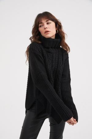 High Neck Cable  Knit Black