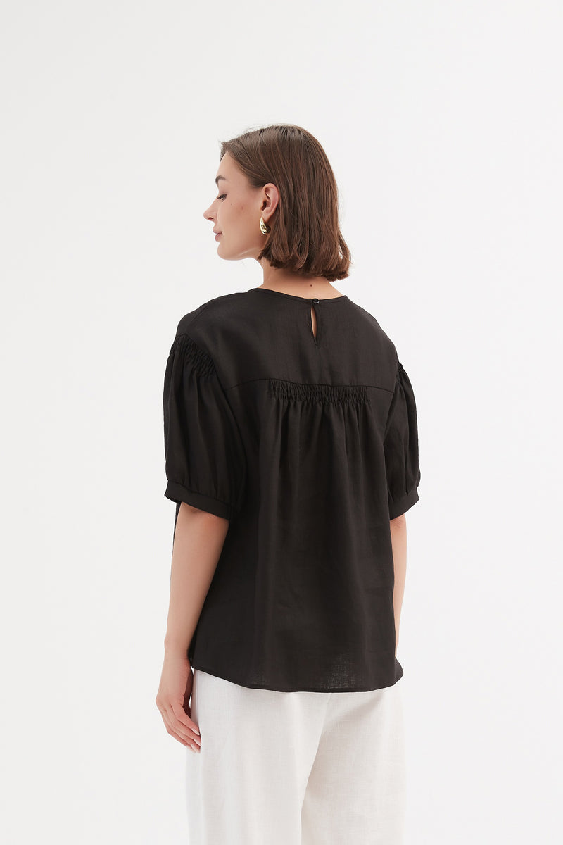 Bishop Sleeve Shirring Top Black