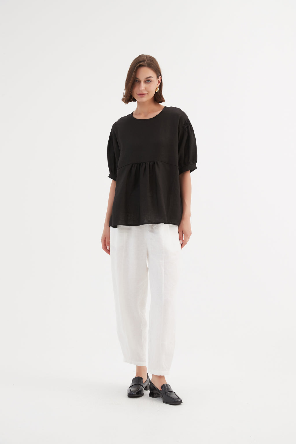 Bishop Sleeve Shirring Top Black