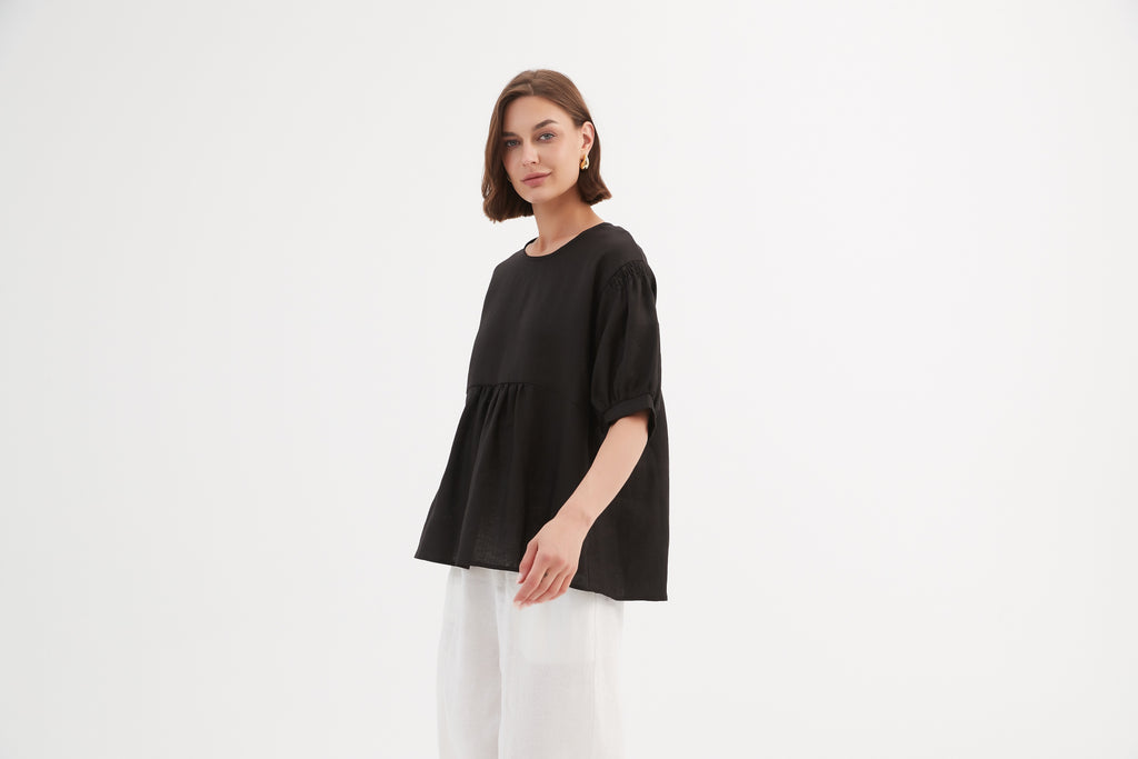 Bishop Sleeve Shirring Linen Top Black