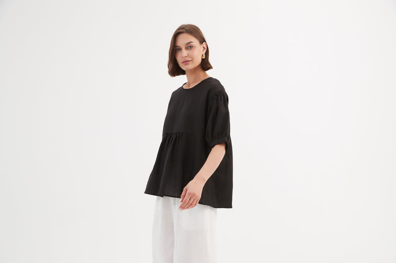 Bishop Sleeve Shirring Top Black