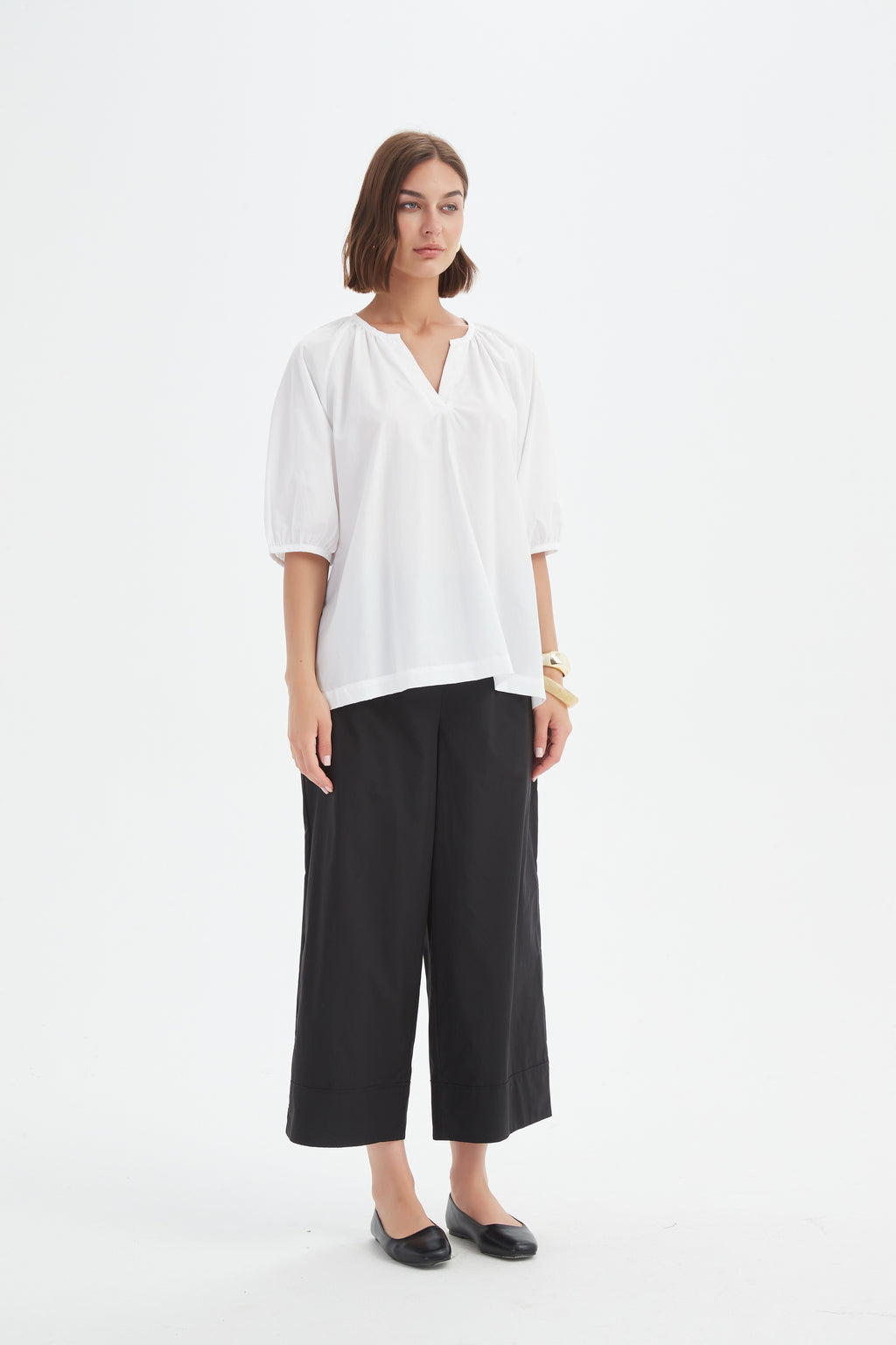Gathered Notch Neck Top White