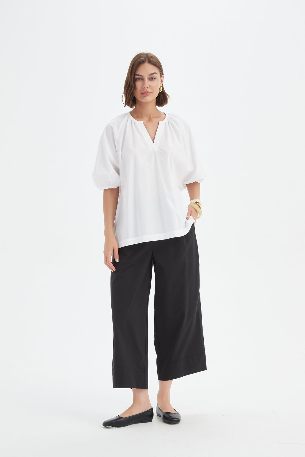 Gathered Notch Neck Top White