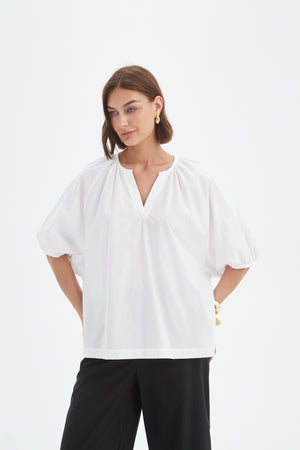 Gathered Notch Neck Top White