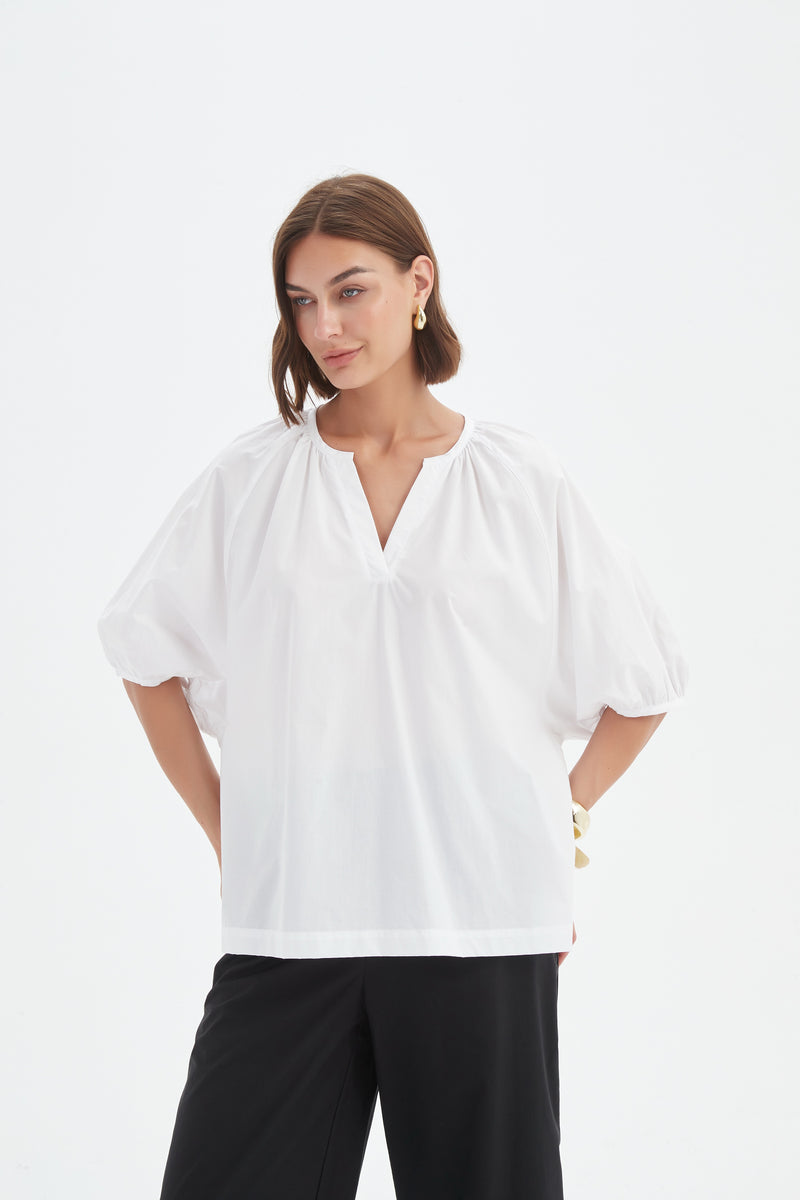 Gathered Notch Neck Top White