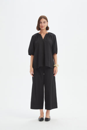 Gathered Notch Neck Top Black