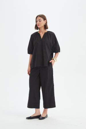 Gathered Notch Neck Top Black