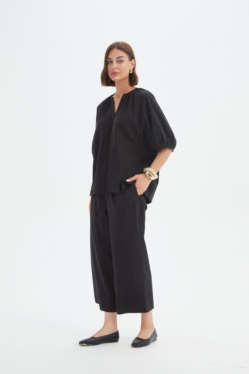 Gathered Notch Neck Top Black