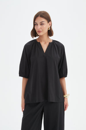 Gathered Notch Neck Top Black
