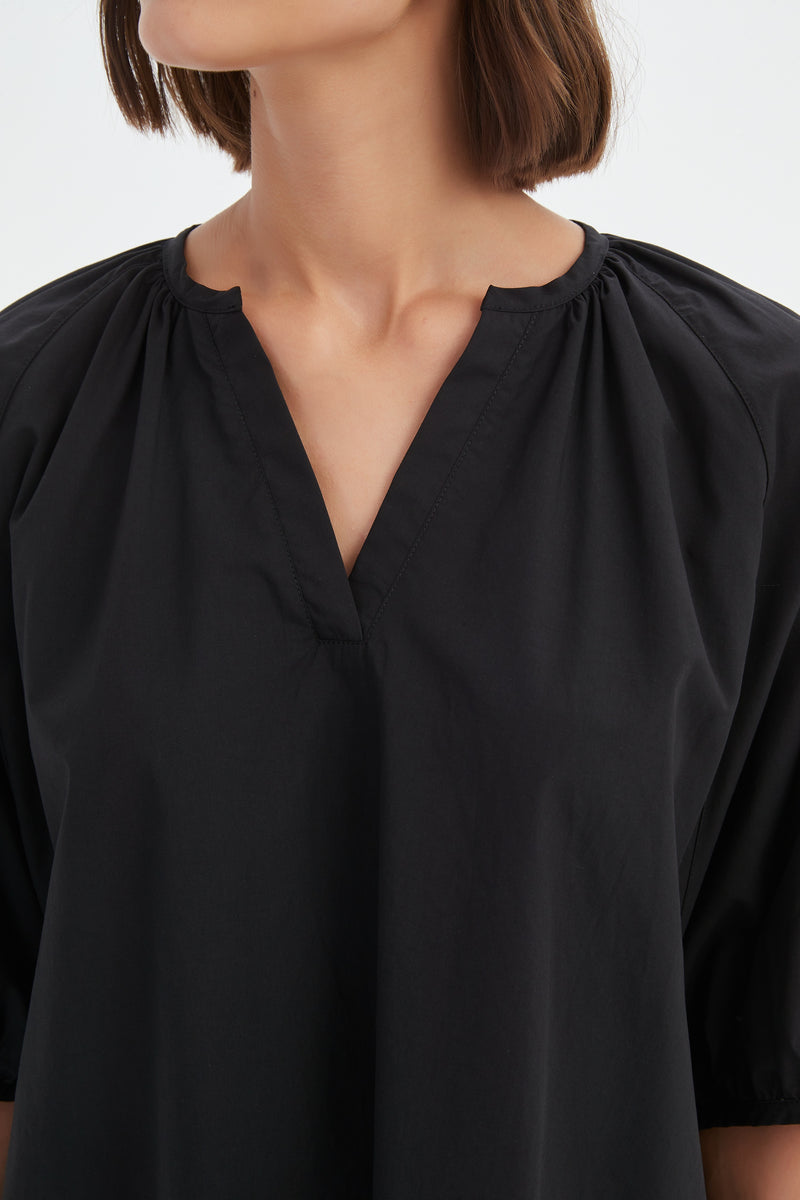 Gathered Notch Neck Top Black