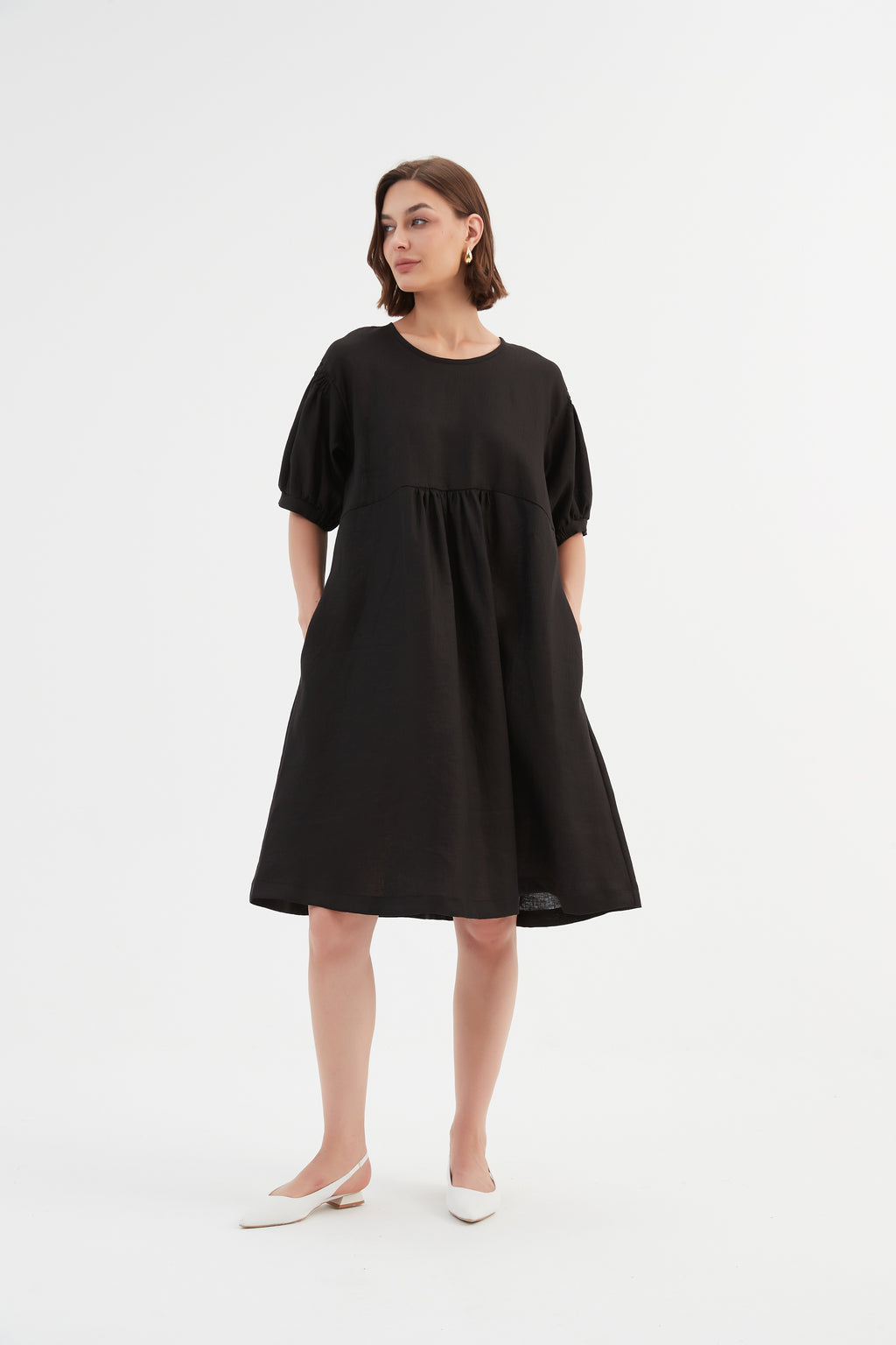 Bishop Sleeve Shirring Linen Dress Black