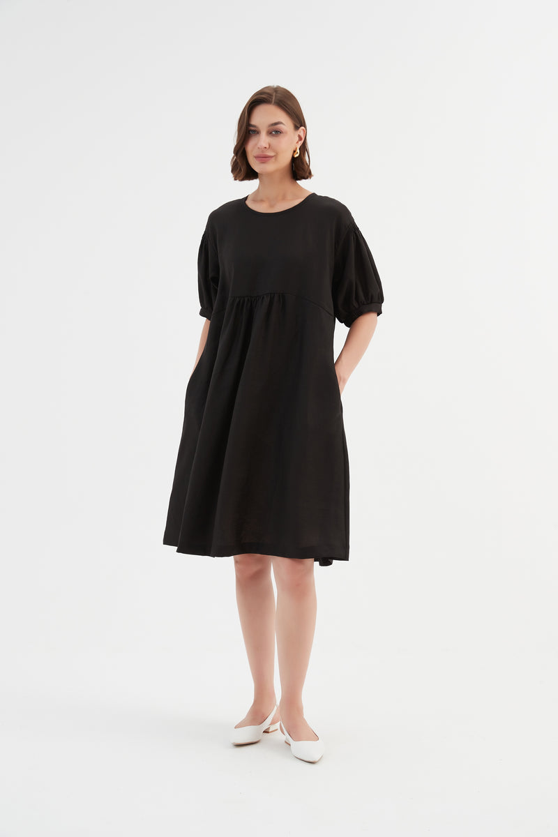 Bishop Sleeve Shirring Dress Black