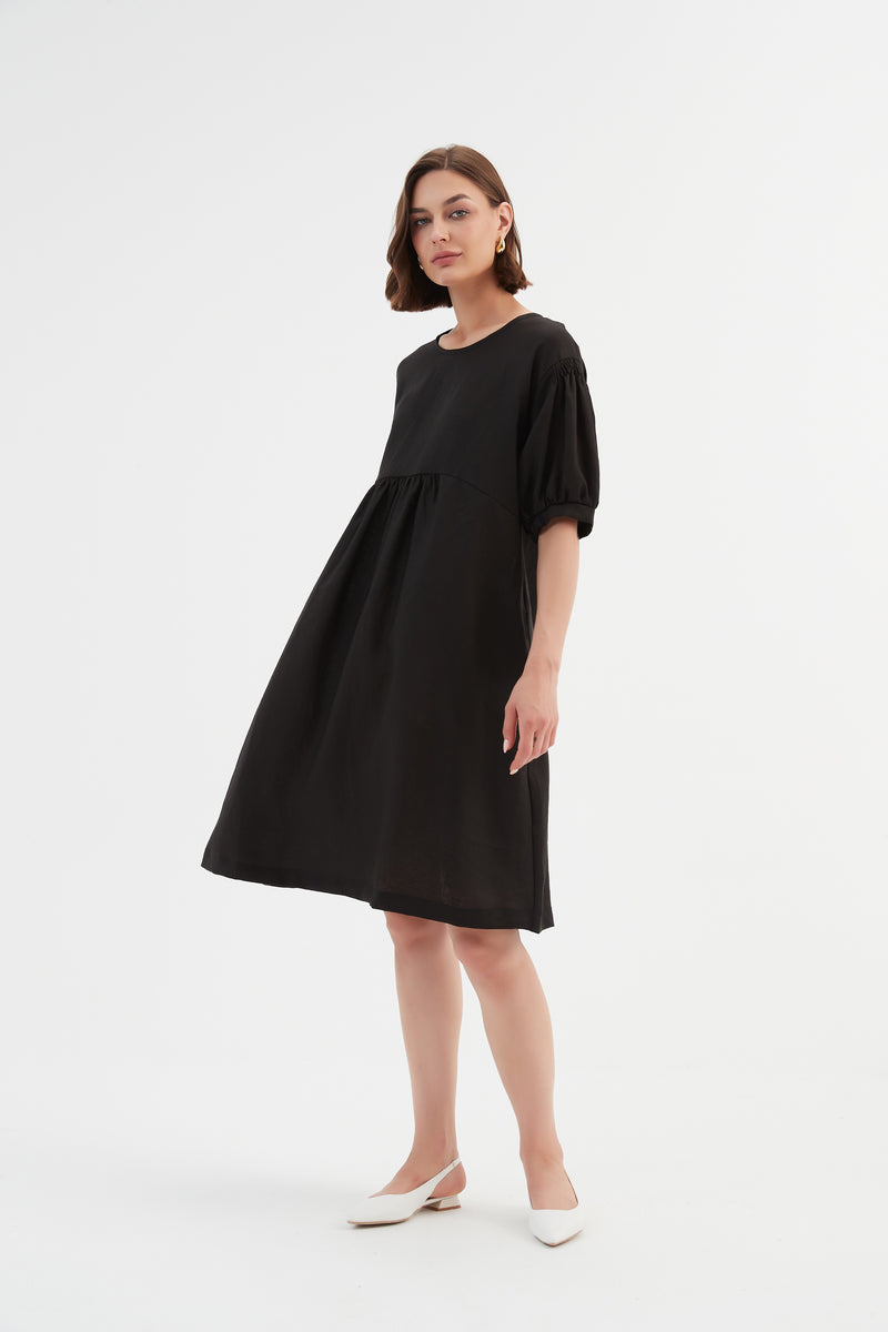 Bishop Sleeve Shirring Dress Black