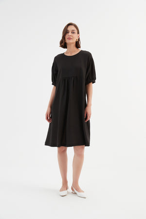 Bishop Sleeve Shirring Dress Black