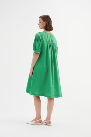 Bishop Sleeve Shirring Dress Green