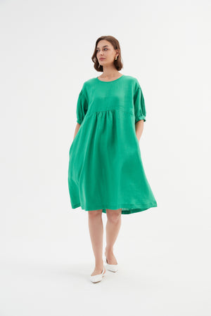 Bishop Sleeve Shirring Linen Dress Green