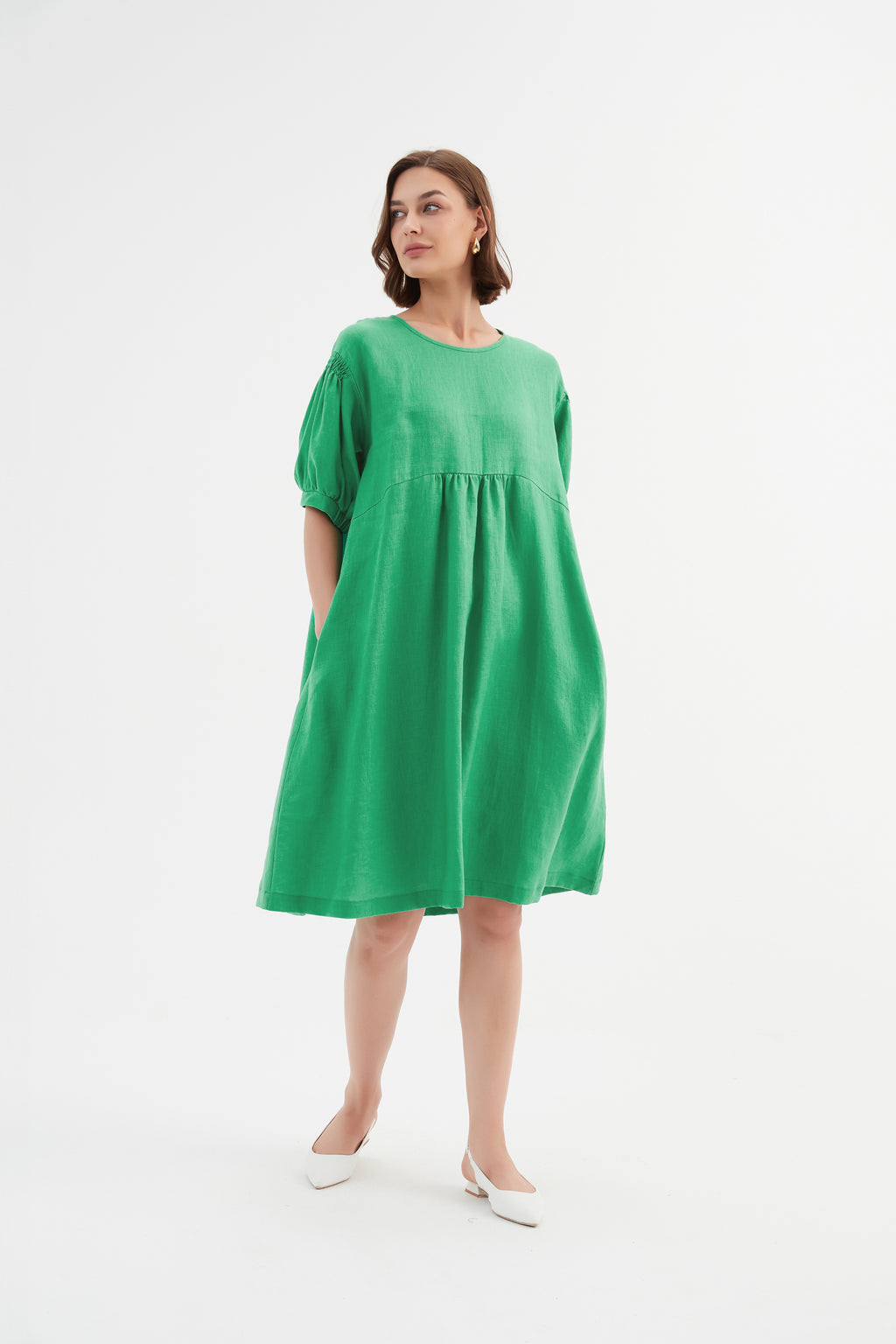 Bishop Sleeve Shirring Linen Dress Green