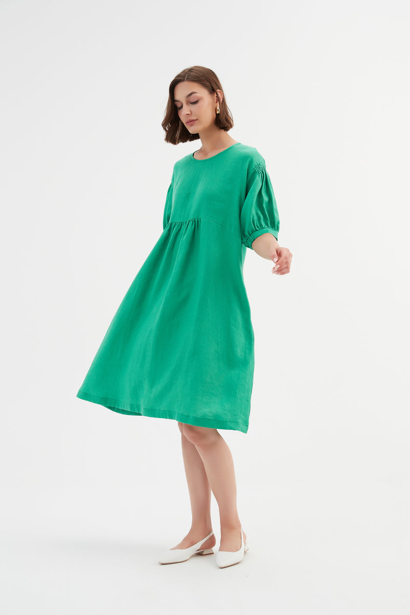 Bishop Sleeve Shirring Dress Green