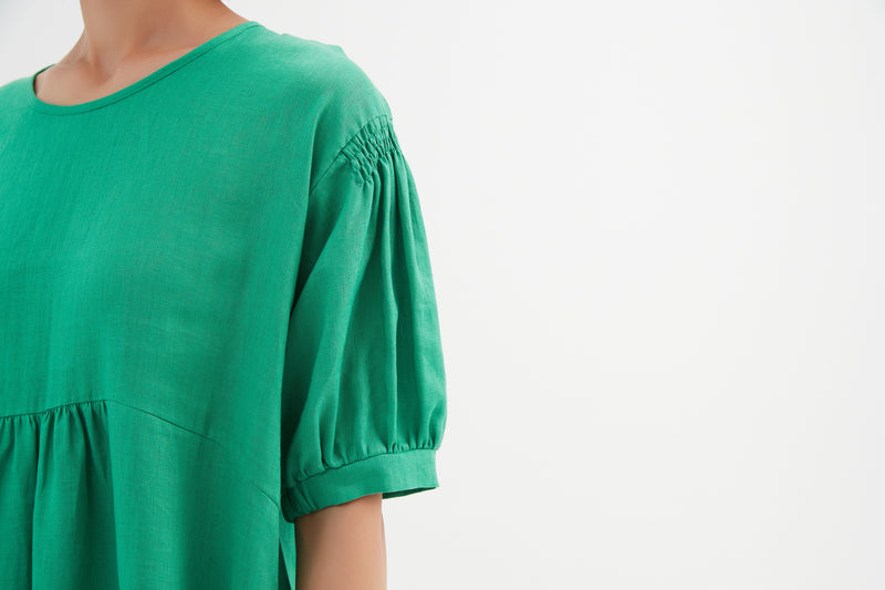 Bishop Sleeve Shirring Linen Dress Green