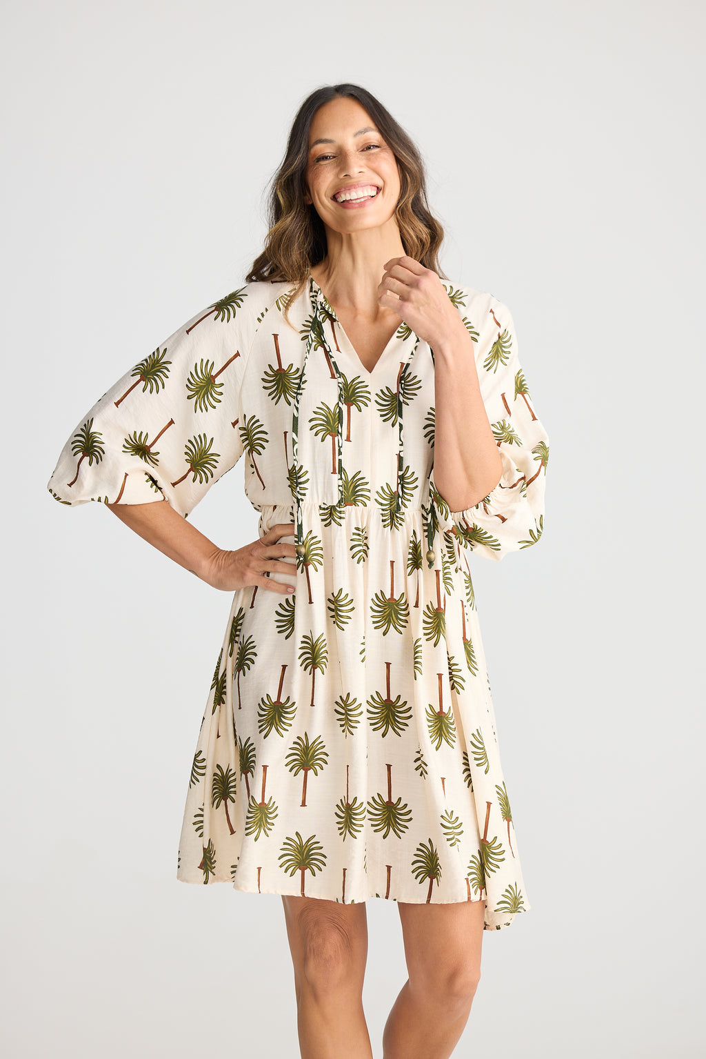 Alfina Dress Ivory Palm Print