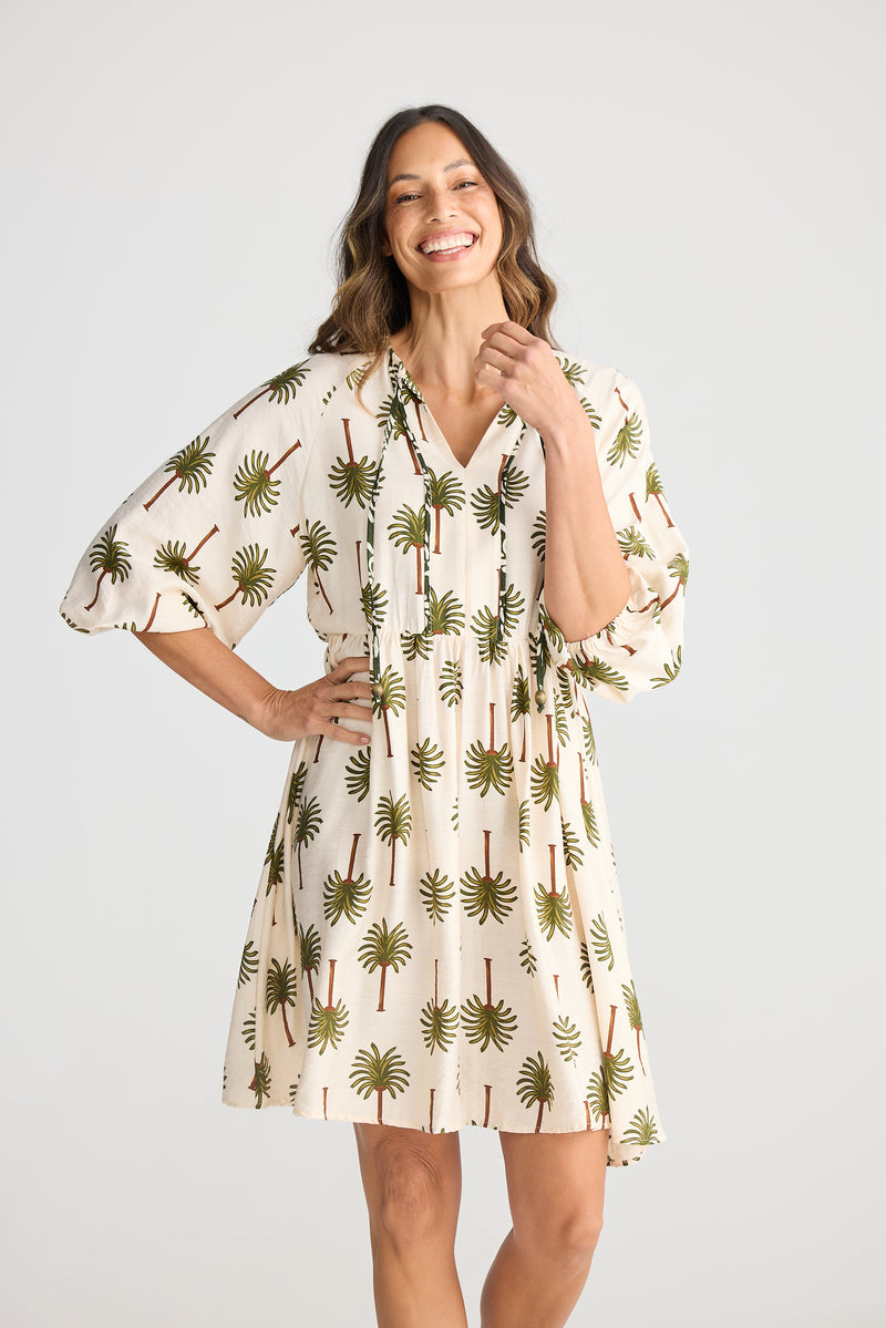 Alfina Dress Ivory Palm Print