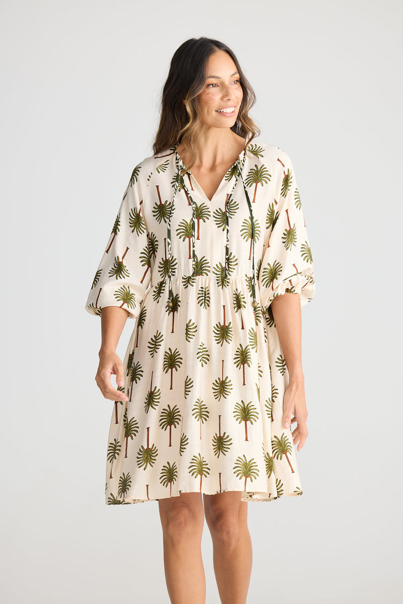 Alfina Dress Ivory Palm Print