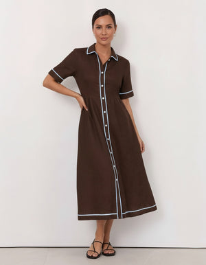 Trim Linen Dress Choc