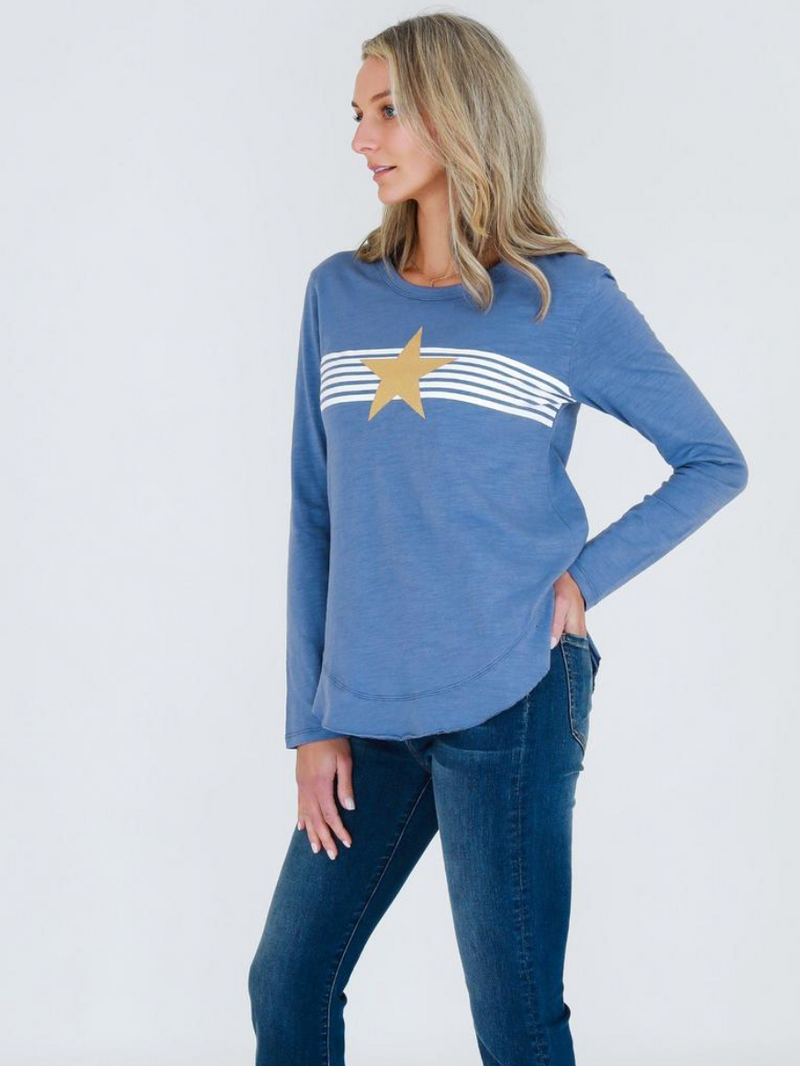 Gold Star with Stripes  L/S Tee Blue