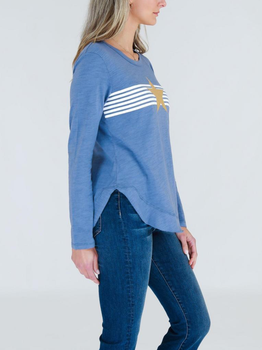 Gold Star with Stripes  L/S Tee Blue